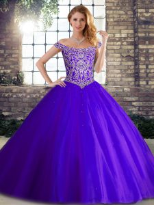 Customized Sleeveless Tulle Brush Train Lace Up Quinceanera Gowns in Purple with Beading