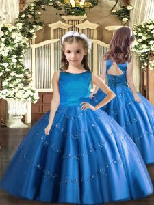 Floor Length Lace Up Child Pageant Dress Blue for Party and Wedding Party with Beading