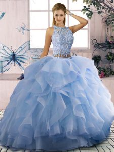 Blue Two Pieces Tulle Scoop Sleeveless Beading and Ruffles Floor Length Zipper Quinceanera Gown