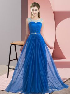 Best Selling Blue Empire Chiffon Scoop Sleeveless Beading Floor Length Lace Up Vestidos de Damas