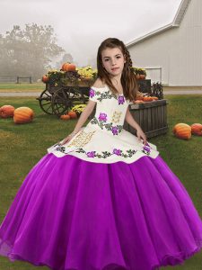 Fashion Organza Straps Sleeveless Lace Up Embroidery Girls Pageant Dresses in Purple