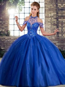 Fancy Royal Blue Ball Gowns Halter Top Sleeveless Tulle Brush Train Lace Up Beading Quinceanera Gowns