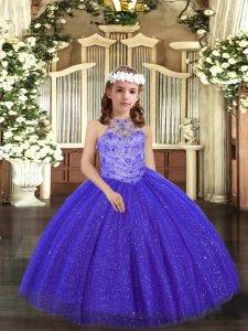 Royal Blue Halter Top Neckline Beading Glitz Pageant Dress Sleeveless Lace Up