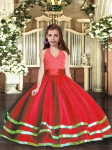 Halter Top Sleeveless Lace Up Little Girl Pageant Gowns Red Tulle