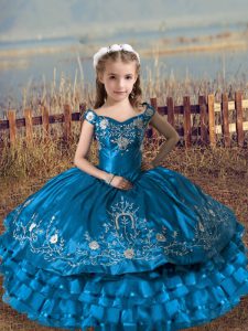 Blue Off The Shoulder Lace Up Embroidery and Ruffled Layers Kids Formal Wear Sleeveless