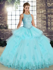 Dazzling Floor Length Ball Gowns Sleeveless Aqua Blue Quinceanera Dress Lace Up