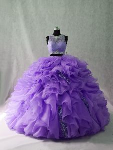 Organza and Sequined Sleeveless Floor Length Quinceanera Dress Brush Train and Beading and Ruffles