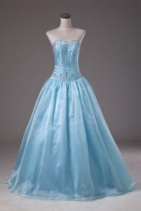 Fitting Baby Blue Strapless Neckline Beading Quinceanera Gowns Sleeveless Lace Up
