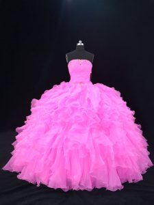 Custom Made Pink and Rose Pink Ball Gowns Organza Strapless Sleeveless Beading and Ruffles Floor Length Lace Up Sweet 16 Dresses