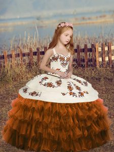 Custom Design Brown Lace Up Kids Pageant Dress Ruffled Layers Sleeveless Floor Length
