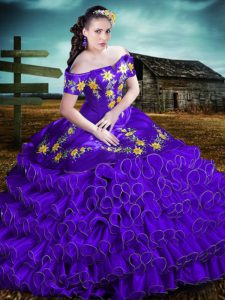 Hot Sale Off The Shoulder Sleeveless Lace Up Quinceanera Gowns Purple Organza