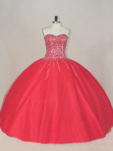 Spectacular Floor Length Ball Gowns Sleeveless Coral Red 15 Quinceanera Dress Lace Up