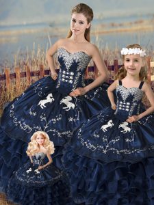 Smart Navy Blue Satin and Organza Lace Up Sweetheart Sleeveless Floor Length Sweet 16 Dresses Embroidery and Ruffles