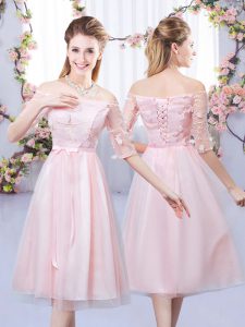 Glorious Baby Pink Half Sleeves Tea Length Lace and Belt Lace Up Quinceanera Court Dresses