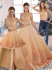 Peach Tulle Backless Quinceanera Gowns Sleeveless Sweep Train Lace