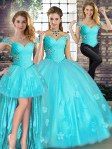 Tulle Off The Shoulder Sleeveless Lace Up Beading and Appliques Quinceanera Gown in Aqua Blue