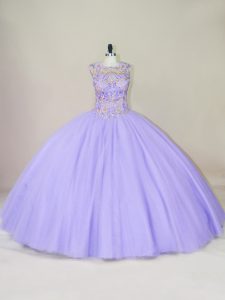 Artistic Lavender Ball Gowns Scoop Sleeveless Tulle Floor Length Lace Up Beading Quinceanera Gown