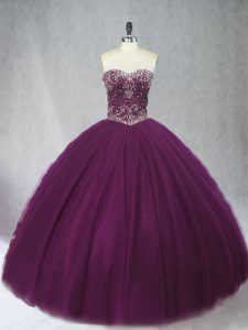 Fancy Tulle Sweetheart Sleeveless Lace Up Beading Quinceanera Dress in Dark Purple