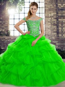 Spectacular Green 15 Quinceanera Dress Military Ball and Sweet 16 and Quinceanera with Beading and Pick Ups Off The Shoulder Sleeveless Brush Train Lace Up