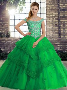 Off The Shoulder Sleeveless Brush Train Lace Up Quince Ball Gowns Green Tulle