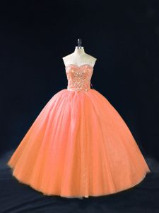 Fine Peach Quinceanera Dresses Sweet 16 and Quinceanera with Beading Sweetheart Sleeveless Lace Up