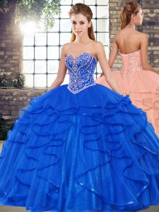 Comfortable Royal Blue Tulle Lace Up Sweetheart Sleeveless Floor Length Quince Ball Gowns Beading and Ruffles