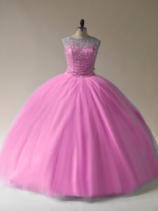 Cheap Floor Length Baby Pink Ball Gown Prom Dress Tulle Sleeveless Beading