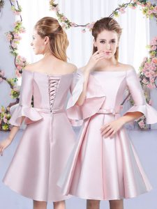 Cute Mini Length Baby Pink Quinceanera Court Dresses Off The Shoulder 3 4 Length Sleeve Lace Up