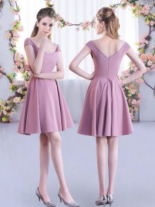 Stylish Straps Cap Sleeves Quinceanera Court Dresses Mini Length Ruching Pink Chiffon