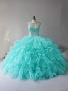 Sexy Ball Gowns Sweet 16 Quinceanera Dress Aqua Blue Scoop Organza Sleeveless Lace Up