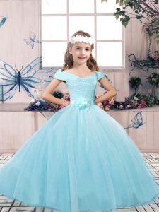 Floor Length Lace Up Little Girls Pageant Gowns Aqua Blue for Party and Wedding Party with Lace and Belt