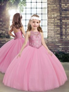 Lilac Ball Gowns Taffeta Scoop Sleeveless Beading Floor Length Lace Up Pageant Gowns For Girls