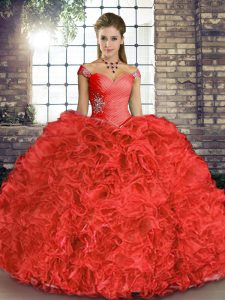 Low Price Sleeveless Floor Length Beading and Ruffles Lace Up Sweet 16 Dresses with Coral Red
