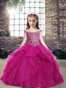 Fuchsia Child Pageant Dress Party and Wedding Party with Beading and Ruffles Off The Shoulder Sleeveless Lace Up