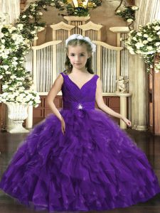 Purple Organza Backless Pageant Dress for Teens Sleeveless Floor Length Beading and Ruffles