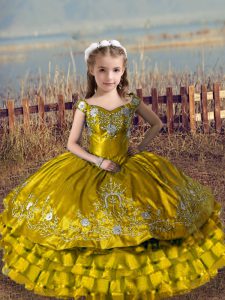 Sleeveless Satin and Organza Floor Length Lace Up Little Girls Pageant Dress Wholesale in Brown with Embroidery and Ruffled Layers