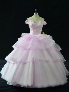 Lilac Ball Gowns Organza Off The Shoulder Sleeveless Beading and Ruffled Layers Lace Up Ball Gown Prom Dress Brush Train