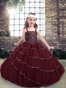 Burgundy Sleeveless Tulle Lace Up Girls Pageant Dresses for Party and Military Ball and Wedding Party