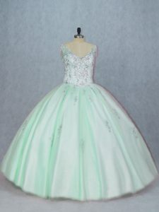 Stunning V-neck Sleeveless Tulle Ball Gown Prom Dress Beading and Appliques Lace Up