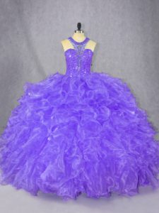 Scoop Sleeveless Zipper Quinceanera Gowns Purple Organza