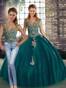 Peacock Green Sleeveless Beading and Appliques Floor Length Sweet 16 Quinceanera Dress