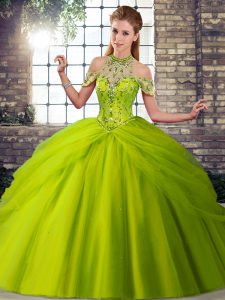 On Sale Olive Green Lace Up Halter Top Beading and Pick Ups Quince Ball Gowns Tulle Sleeveless Brush Train