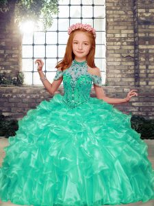 High-neck Sleeveless Organza Pageant Gowns For Girls Beading and Ruffles Lace Up