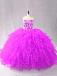 Floor Length Lace Up 15 Quinceanera Dress Purple for Sweet 16 and Quinceanera with Beading and Ruffles