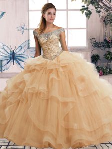 Champagne Tulle Lace Up Off The Shoulder Sleeveless Floor Length 15 Quinceanera Dress Beading and Ruffles