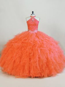 Nice Orange Lace Up Halter Top Beading and Ruffles Quinceanera Gowns Tulle Sleeveless