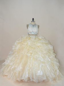 High Class Champagne Sleeveless Brush Train Beading and Lace Sweet 16 Quinceanera Dress