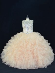 Unique Scoop Sleeveless Quince Ball Gowns Floor Length Beading and Ruffles Champagne Organza