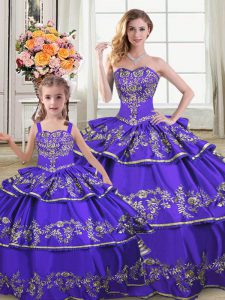 Floor Length Lace Up Sweet 16 Dresses Purple for Sweet 16 and Quinceanera with Embroidery and Ruffled Layers