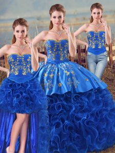 Three Pieces Ball Gown Prom Dress Royal Blue Sweetheart Fabric With Rolling Flowers Sleeveless Floor Length Lace Up